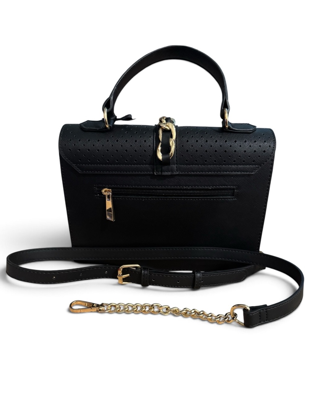 Aldo Black Perforated Top-Handle Crossbody with Gold Tone Chain Strap Hooks - Picture 7 of 8